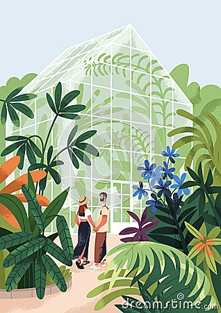 Couple in botanical garden, greenhouse. Man and woman on date in green house, conservatory with leaf foliage plants Vector Illustration