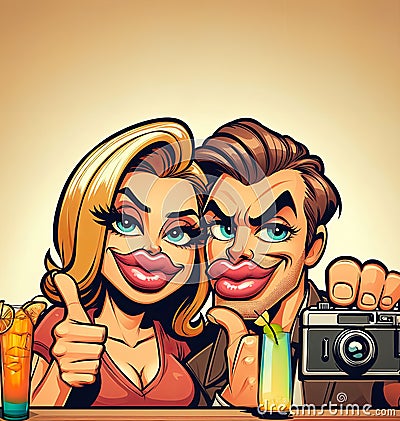 A couple with Botox lips takes a photo of themselves in the mirror Stock Photo