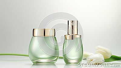 A couple of bottles of perfume next to a tulip Stock Photo