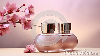 A couple of bottles of perfume sitting on a table Stock Photo
