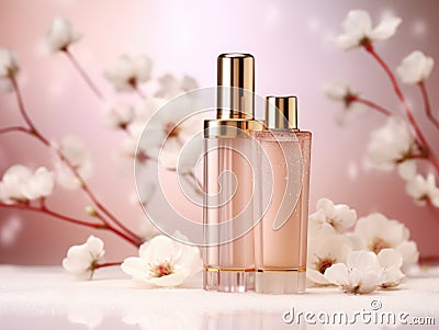 A couple of bottles of perfume sitting on top of a table Stock Photo