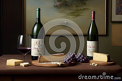 A Couple Of Bottles Of Wine And Some Cheese. Generative AI Stock Photo