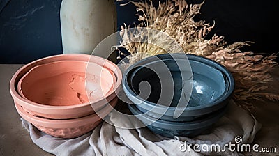 a couple of bowls sitting on top of a table next to a vase Stock Photo