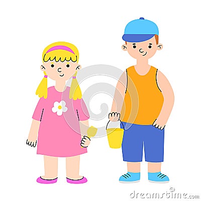 Couple of boy and girl. Big brother and little sister. Happy children play with sand. Cute kids. Vector Illustration