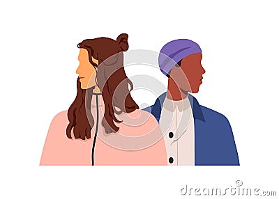 Couple breakup, divorce, conflict concept. Man and woman looking at different directions, opposite visions. Partners Vector Illustration