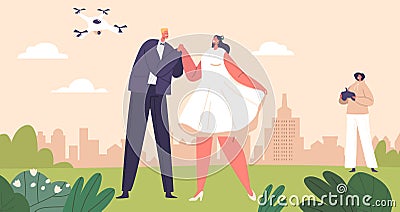 Couple Bride And Groom Characters Embrace On Their Special Day. The Drone Soars, Capturing Their Love Vector Illustration