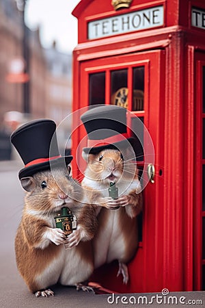 A couple of British hamsters fearing top hats. AI generative image. Stock Photo