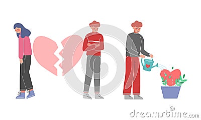 Couple with Broken Heart and Man Watering Plant Vector Set. Vector Illustration