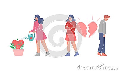 Couple with Broken Heart and Woman Watering Plant Vector Set Vector Illustration