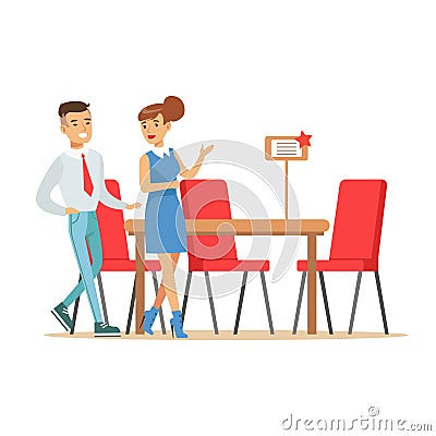 Couple Buying Big Dining Table And Chairs For Dining Room, Smiling Shopper In Furniture Shop Shopping For House Decor Vector Illustration