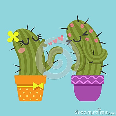 Couple of cactus blowing kiss Vector Illustration