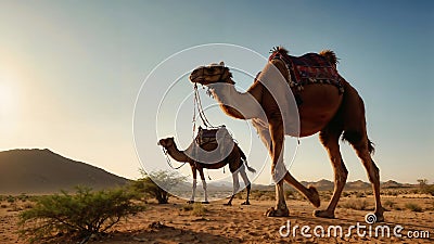 Two Camels Walking in the Dirt. Generative AI Stock Photo