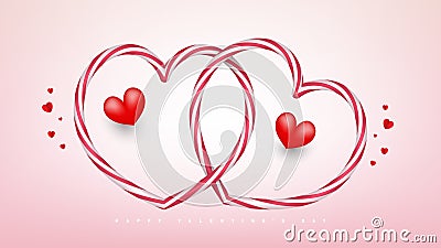 Couple candy striped hearts crossed decorative with heart balloons on pink background. Vector Illustration