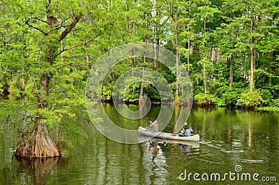 Couple Canoeing on Greenfield Lake Editorial Stock Photo