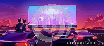 Couple at car cinema, dating in drive-in theater Vector Illustration