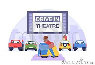 Couple at Car Cinema. Romantic Dating in Drive-in Theater, Automobiles Stand in Open Air Parking at Cityscape Background Vector Illustration