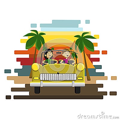 Couple driving a golden retro car on a pyramids and palm trees background. Careless driver character. Vector flat cartoon illustra Cartoon Illustration