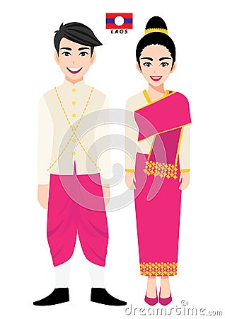 Couple of cartoon characters in Laos traditional costume vector Vector Illustration