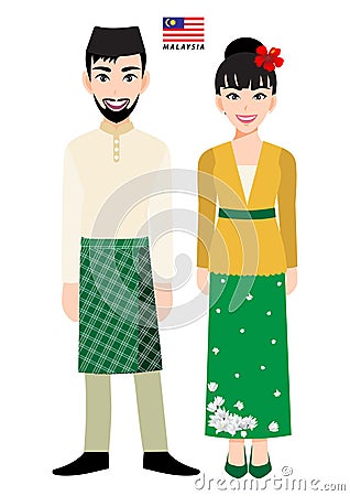 Couple of cartoon characters in Malaysia traditional costume vector Vector Illustration