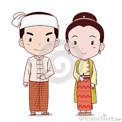 Couple of cartoon characters in Myanmar traditional costume. Vector Illustration
