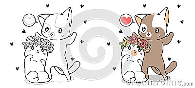 Couple cat are falling love cartoon coloring page Vector Illustration