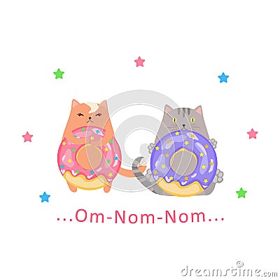 A couple of cats with donuts. Vector illustration. Cartoon Illustration