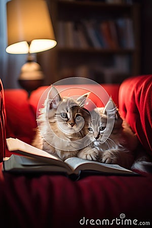 A couple of cats sitting on top of a red couch. AI generative image. Stock Photo