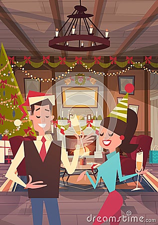 Couple Celebrate Merry Christmas And Happy New Year At Home Man And Woman Wear Santa Hats Drink Champagne Holiday Eve Vector Illustration