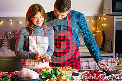 Couple celebrating Christmas in the kitchen cooking christmas duck or Goose Stock Photo