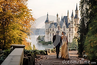 A couple celebrating their wedding at the castle of Le Loire France Stock Photo