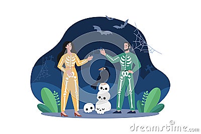 Couple Celebration With Halloween Characters Cosplay Vector Illustration