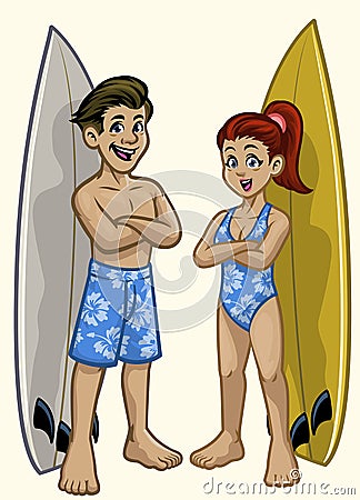 Couple character cartoon of surfer boy and girl Vector Illustration