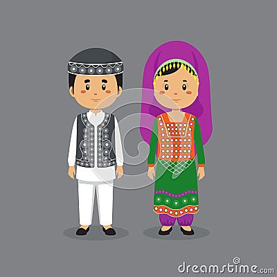 Couple Character Wearing Afghanistan National Dress Vector Illustration