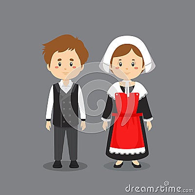 Couple Character Wearing French National Dress Vector Illustration