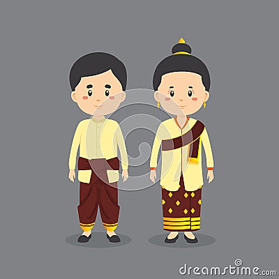 Couple Character Wearing Laos National Dress Vector Illustration