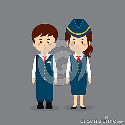 Couple Character Wearing Steward and Stewardess Dress Vector Illustration
