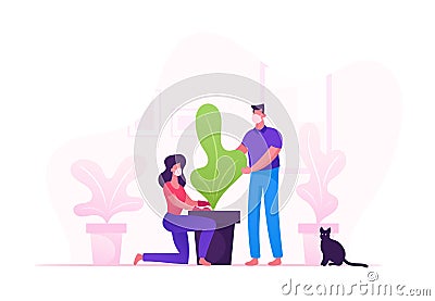Couple Characters in Medical Mask Care of Houseplants. Man and Woman Cultivating Potted Plant at Home Enjoying Gardening Vector Illustration