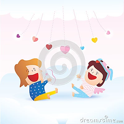 Couple of childrens on the cloud playing with spining heart , little Cupid angels on the sky Vector Illustration