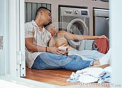 Couple, chores and laundry while doing home cleaning wile feeling tired and relaxing together. Loving boyfriend and Stock Photo