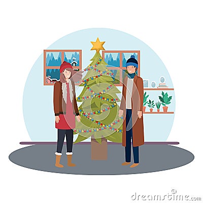 Couple with christmas tree in livingroom Vector Illustration