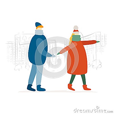 Couple, city street walkers, man and woman. Girl and guy in casual clothes walking, male and female characters. City Vector Illustration