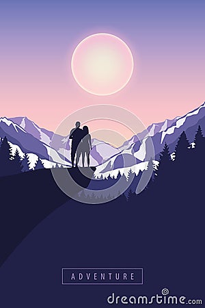 Couple on a cliff in snowy mountain at moon shine Vector Illustration