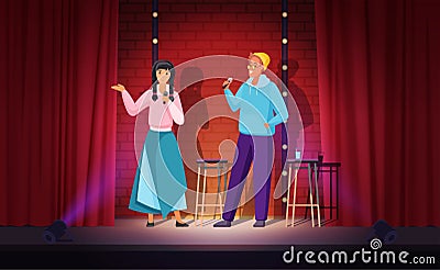 Couple of comedians perform comedy live show on theater stage, tell funny story and jokes Vector Illustration