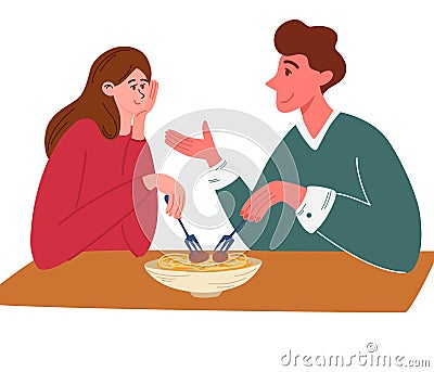 Couple communicates and eat. Eating pasta together concept. Young happy couple cartoon characters sitting at table eating fresh Vector Illustration