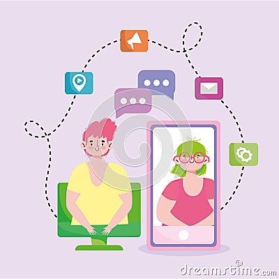 couple connected internet Vector Illustration