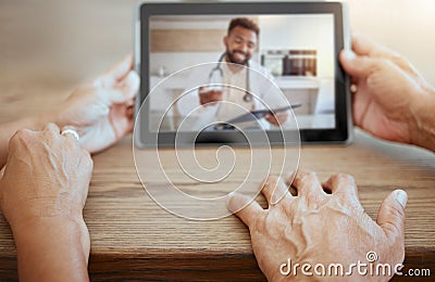 Couple consulting doctor, tablet video call and healthcare, virtual help and medical test, check and screen advice. Home Stock Photo