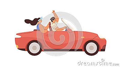 Couple in convertible car on summer road trip. Happy man and woman ride cabriolet. People driving cabrio. Male and Vector Illustration