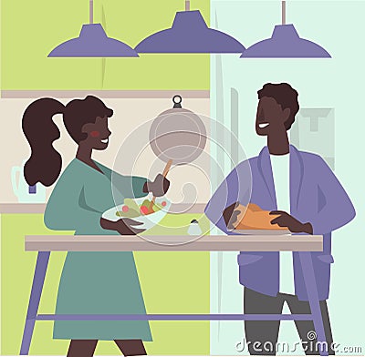 Couple cooking together and preparing meal in the kitchen Vector Illustration
