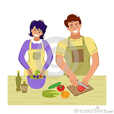 The couple cooks together. Cooking at home. Vector illustration Vector Illustration