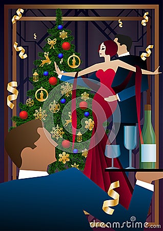 A couple in costumes is dancing. The waiter holds a bottle of alcohol Cartoon Illustration